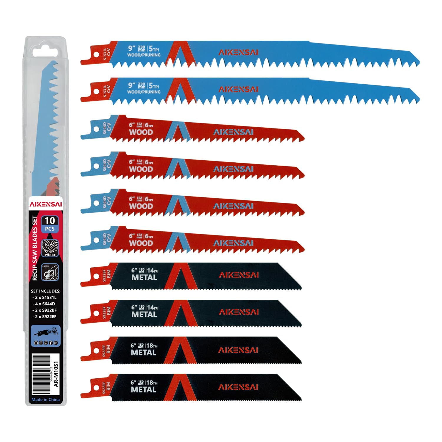 AIKENSAI 10-Piece Reciprocating Saw Blades Set Wood Metal Pruning Saw Blades with Organizer Tube Compatible with Milwaukee Makita Dewalt Ryobi etc