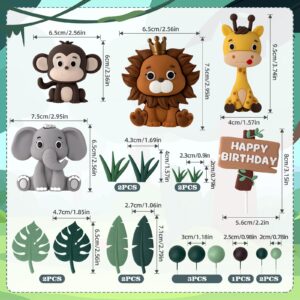 19pcs Safari Animal Cake Topper - Jungle Wild Cake Toppers with Leaves Balls Cake Decorations for Safari Animals Themed Birthday Party Decorations (Safari Animal Style)