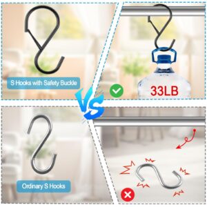 4 Inch S Hooks for Hanging with Safety Buckle, 12 Pack Heavy Duty S Hooks for Plants, S Shaped Hooks Metal S Hooks for Hanging Clothes,Kitchen Utensil,Pots and Pans,Bags,Jeans (Black)