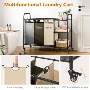 3 Bag Laundry Sorter Cart with Storage Shelf 3 Section Laundry Hamper Sorter with Lockable Rolling Wheels Laundry Separator Basket with Removable Bags for Dirty Clothes Storage