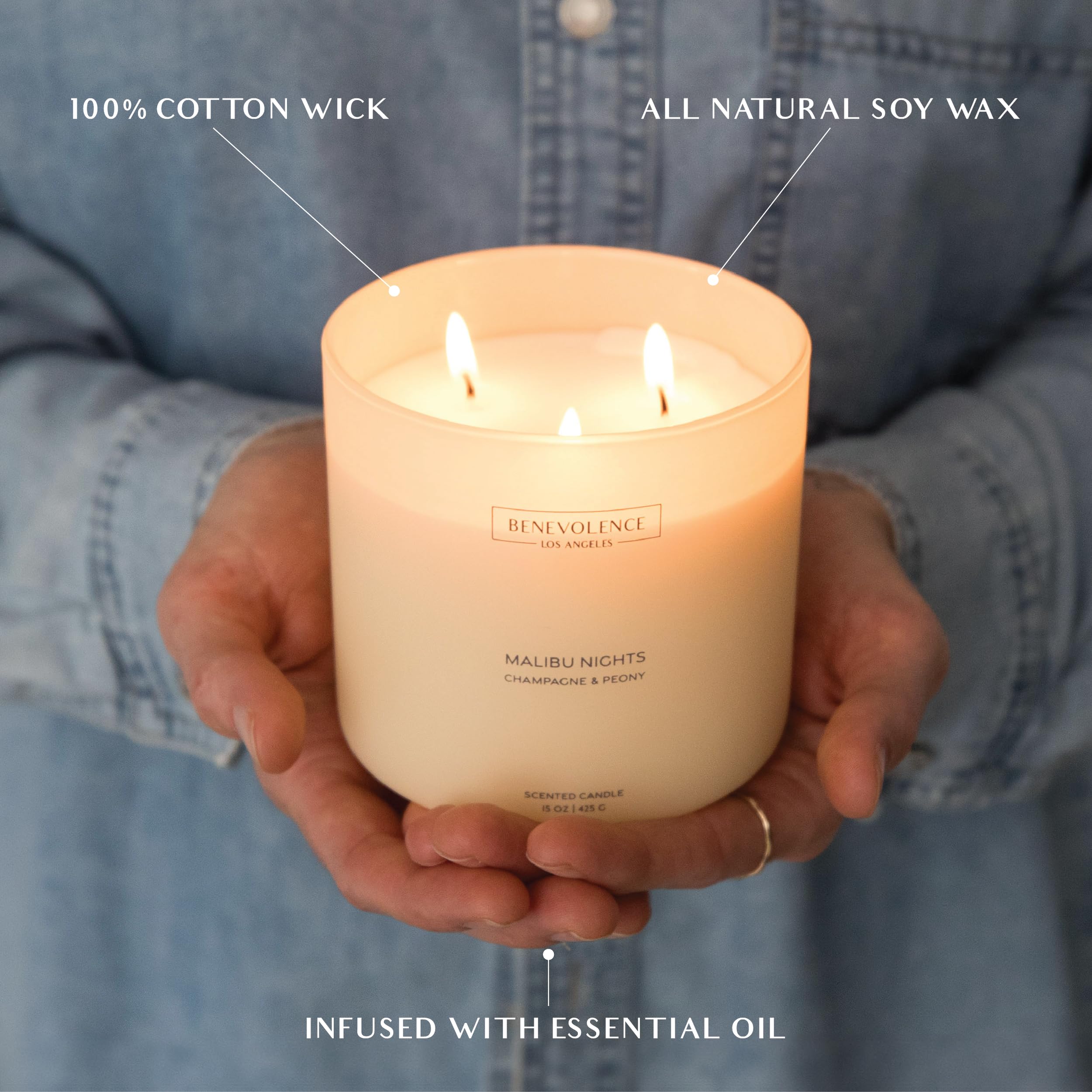 Benevolence LA Malibu Nights Scented Candle | Champagne & Peony | 15oz, 50-Hour Burn | Luxurious Home Fragrance | Natural Wax, Cotton Wick | Malibu Sands Collection