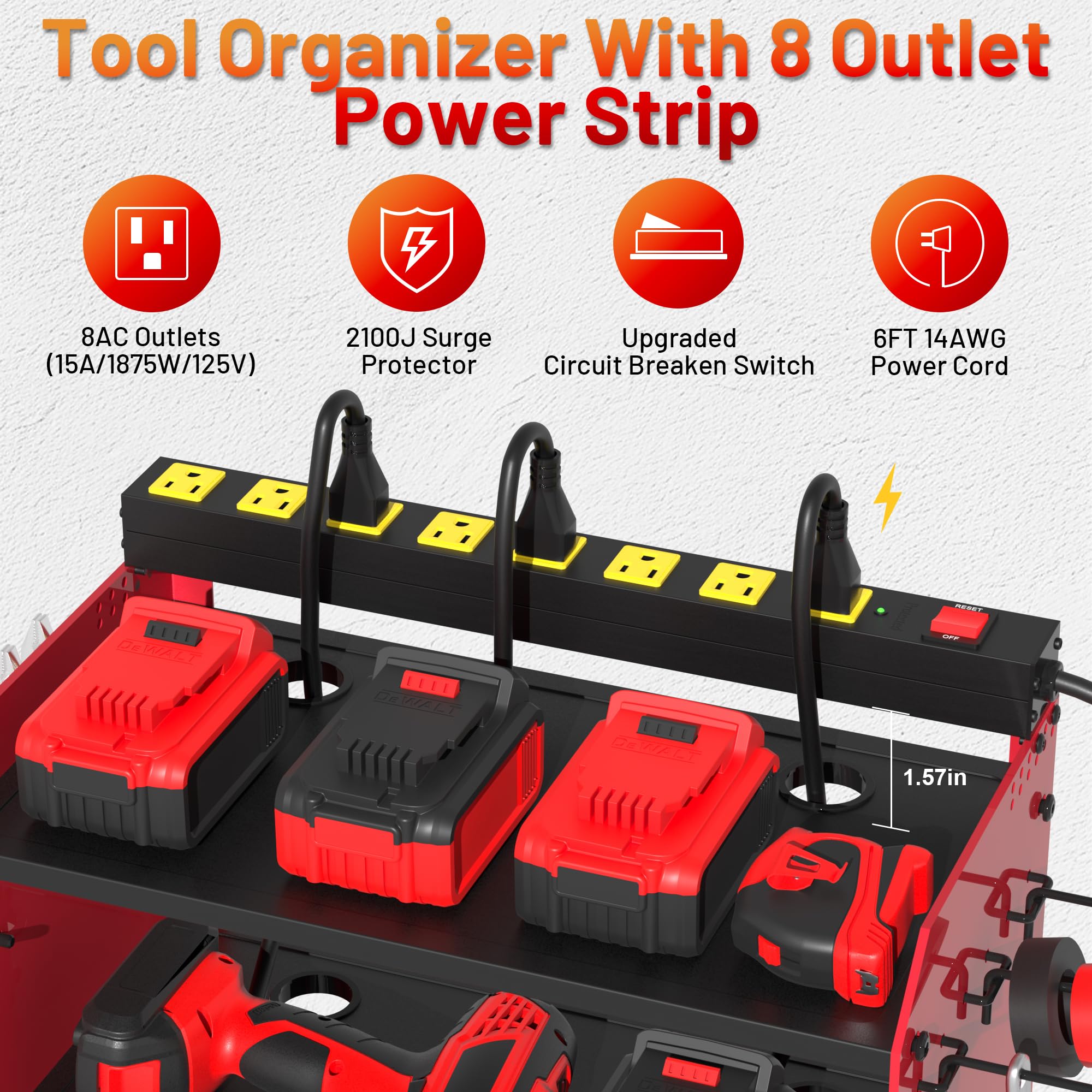 Modular Power Tool Organizer Wall Mount wtih Charging Station,Garage 4 Drill Holder Wall Mount with 8 Outlet Power Strip,Heavy Duty Tool Rack with Hooks,Screwdriver Rack in Workshop,Workbench