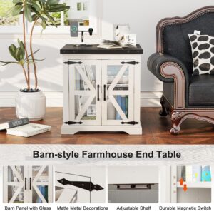 Farmhouse End Table with Charging Station, 24" Large Sofa Side Table with Glass Barn Door, White Nightstand with Adjustable Storage Shelf, Rustic Wood Bedside Table for Living Room, Bedroom