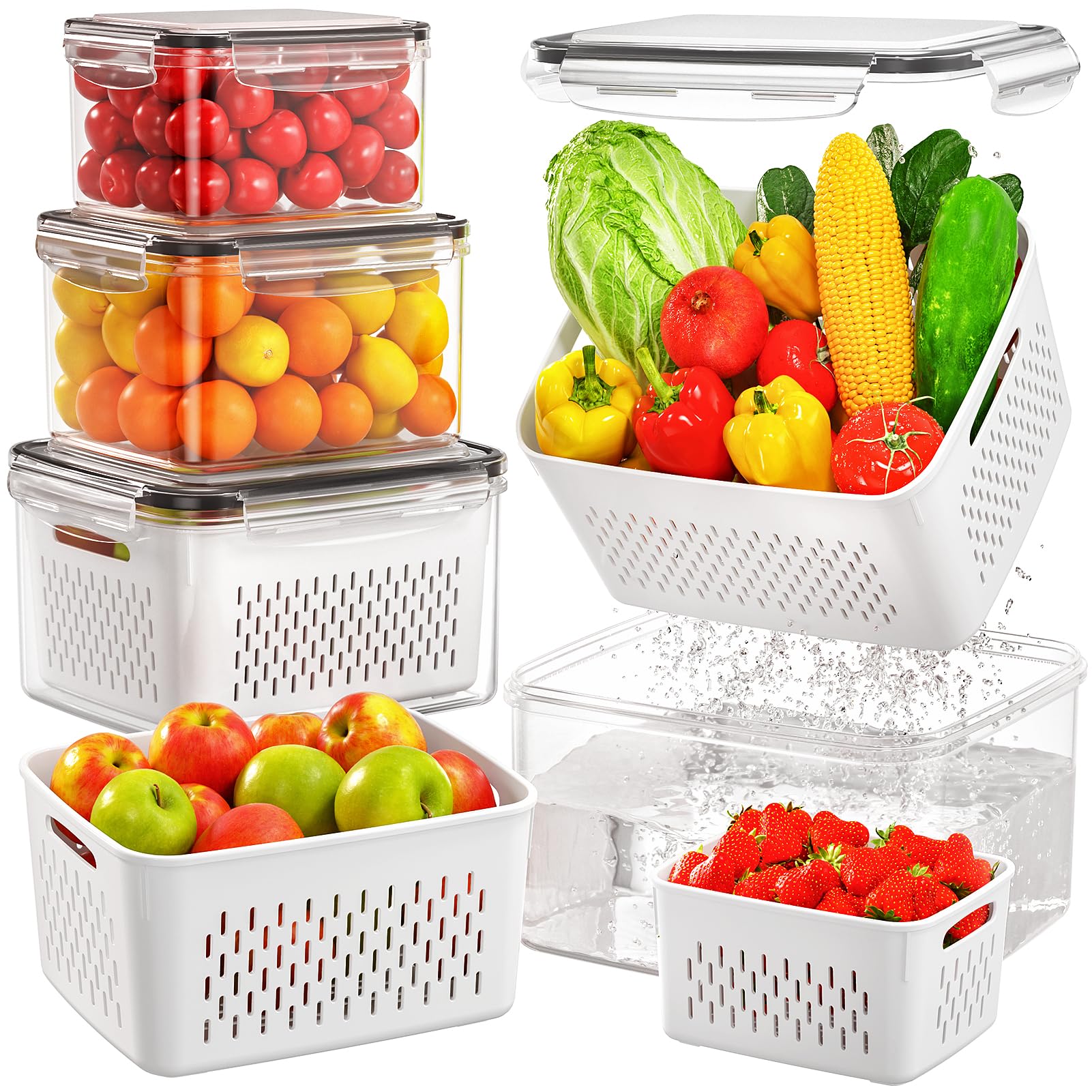 4 Pack Fruit Storage Containers for Fridge with Removable Colanders, Airtight Produce Vegetable Berry Containers for Fridge, All-In-One Food Storage Containers for Washing, Draining, Freshness