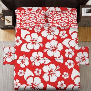 pinbeam 4 pcs fitted sheet set queen size with deep pocket, hibiscus hawaiian red bedding set with pillowcase for kids and adults, flower hawaii floral flat bed sheet set