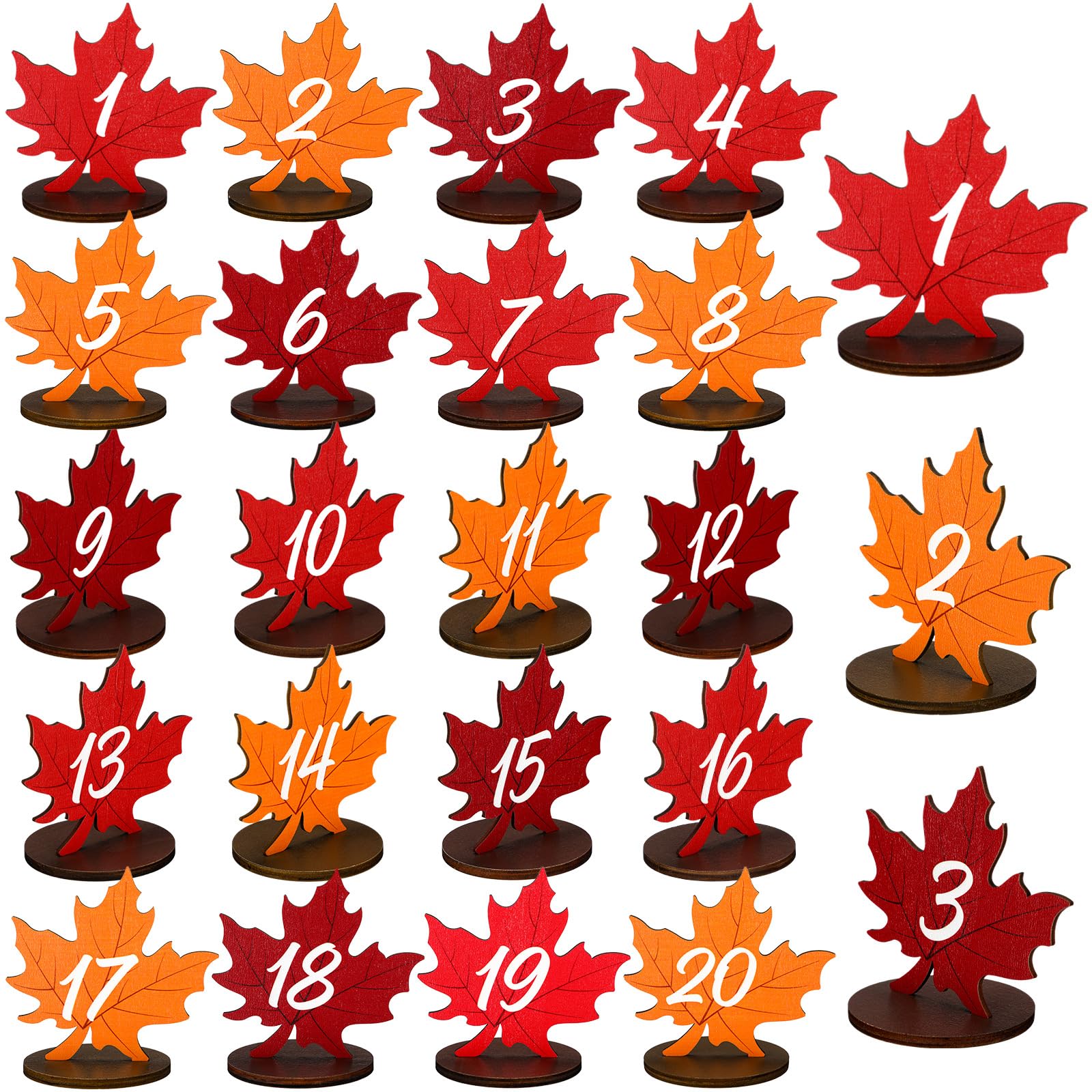 GlikCeil 20 Pcs Fall Wedding Wooden Table Numbers 1-20 Rustic Table Numbers for Wedding Reception Seating Sign Autumn Thanksgiving Wedding Wooden Table Numbers Decor Centerpieces (Maple)