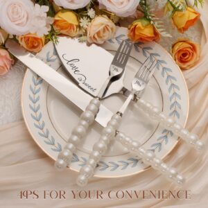 TUKDAK Pearl Wedding Cake Cutting Set with Forks, Cake Knife and Server Set with Stainless Steel Serrated Edges, Silver Pie Cutter Pizza Spatula, Gift for Bridal Couples Engagement