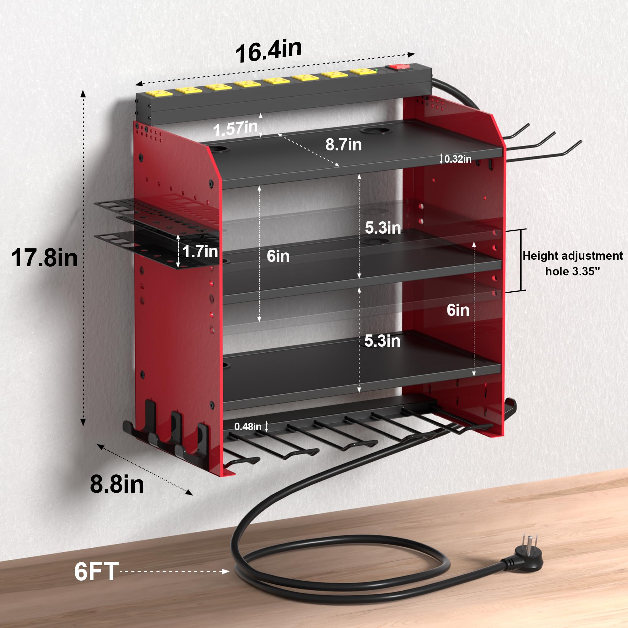 Modular Power Tool Organizer Wall Mount wtih Charging Station,Garage 4 Drill Holder Wall Mount with 8 Outlet Power Strip,Heavy Duty Tool Rack with Hooks,Screwdriver Rack in Workshop,Workbench