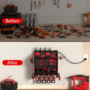 Modular Power Tool Organizer Wall Mount wtih Charging Station,Garage 4 Drill Holder Wall Mount with 8 Outlet Power Strip,Heavy Duty Tool Rack with Hooks,Screwdriver Rack in Workshop,Workbench