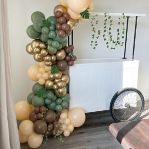 Sage Green Brown Balloon Garland Kit Woodland Balloon Arch Kit Olive Green Gold Coffee Cocoa Balloons for Wild One Birthday Jungle Safari Baby Shower Party Decorations