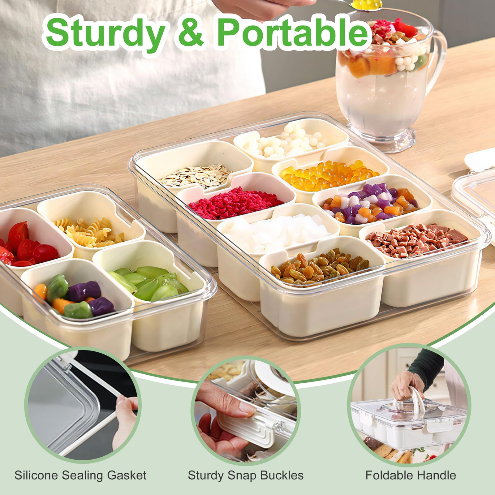 𝟮 𝗣𝗮𝗰𝗸 Divided Serving Tray with Lid and Handle, 8 Compartments Portable Snackle Box Container for Fruit, Veggies, Clear Snack Containers for Kids and Adult, Perfect for Travel, Camping, Picnic