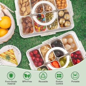 𝟮 𝗣𝗮𝗰𝗸 Divided Serving Tray with Lid and Handle, 8 Compartments Portable Snackle Box Container for Fruit, Veggies, Clear Snack Containers for Kids and Adult, Perfect for Travel, Camping, Picnic