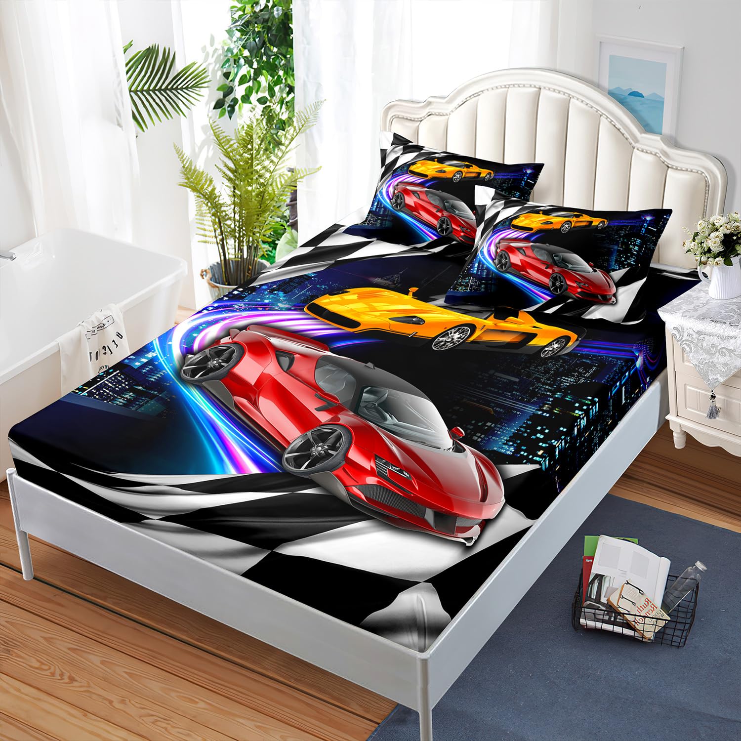 AILONEN Racing Car Fitted Sheet Set Twin XL Size,Black and White Grid Bed Sheet Set for Kids Boys Teen,3 Pieces Extreme Games Race Car Sheet Set for Room,1 Fitted Sheet with 2 Pillowcases