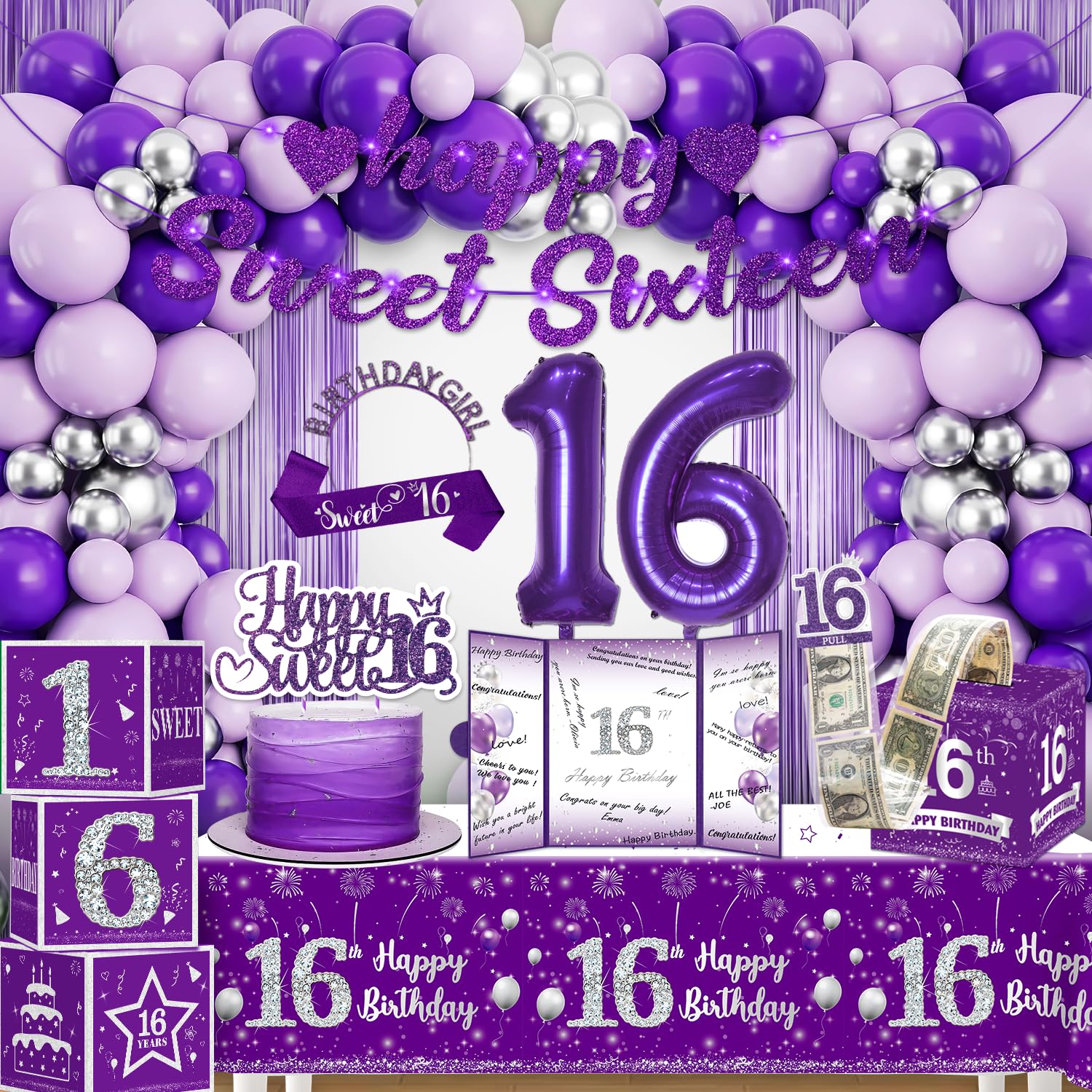 cocomigo 140pcs Sweet 16 Birthday Decorations for Girls, Purple Sweet 16 Party Decorations include Banner Light Balloons Tiara Sash Caketopper Guest Book Money Pull Box tablecloth Foil Fringe Curtain