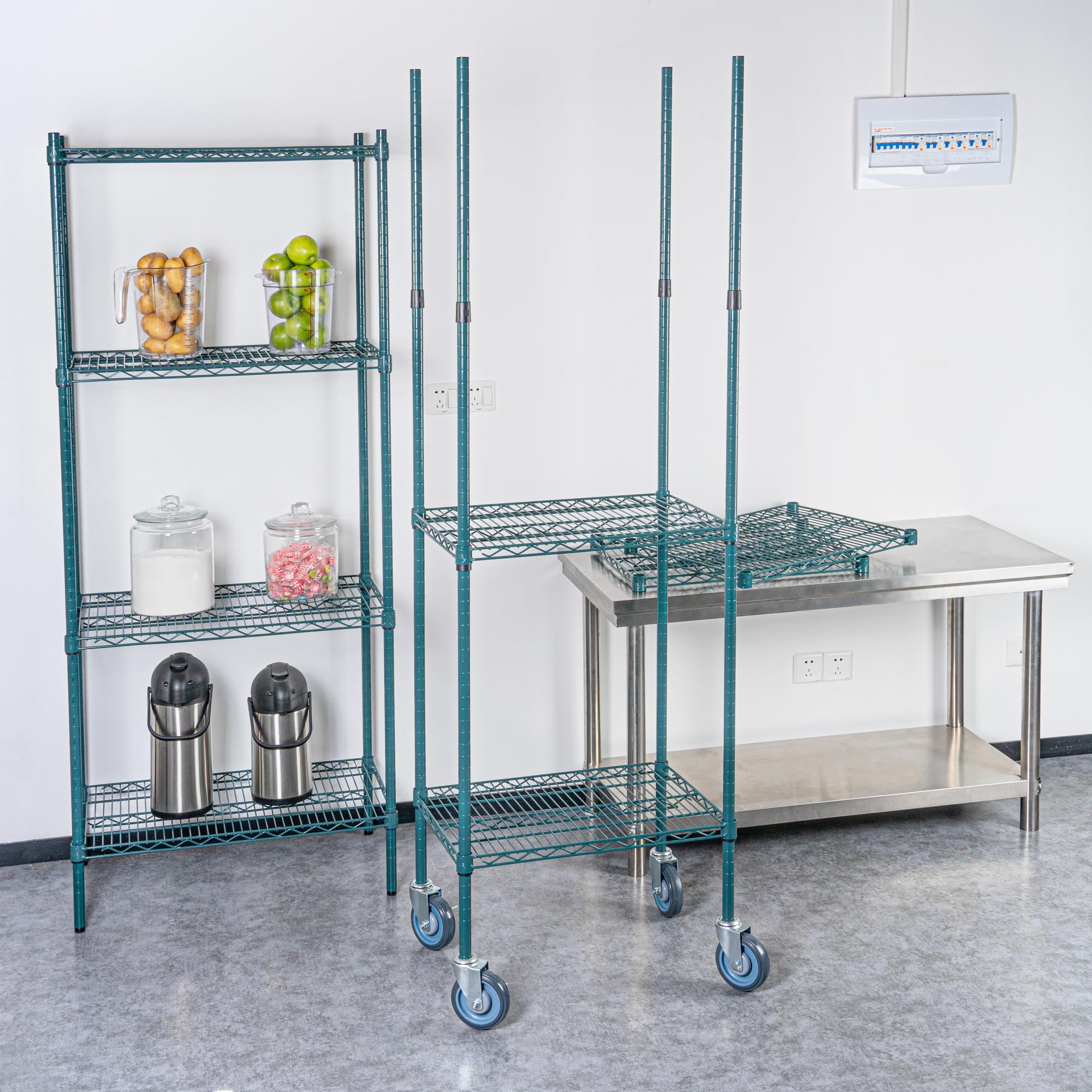 Restaurantware - SHELVING POSTS ONLY: RW Base 74 Inch Mobile Shelving Posts, 4 NSF Certified Epoxy Shelving Poles - Shelves And Casters Sold Separately, No Corrosion, Green Steel Wire Shelving Poles