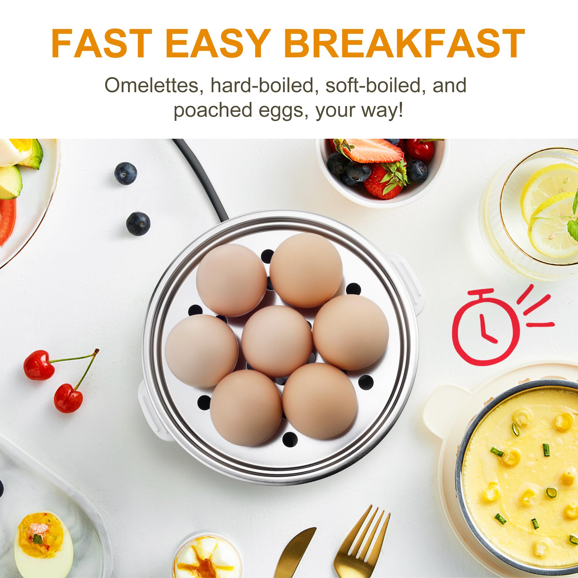 CACHOO Rapid Egg Cooker, 14 Egg Capacity Electric Egg Cooker for Soft, Medium, Hard Boiled, Steamed Eggs, Vegetables and Dumplings & More, with Boil-dry Protection, Stainless Steel Tray