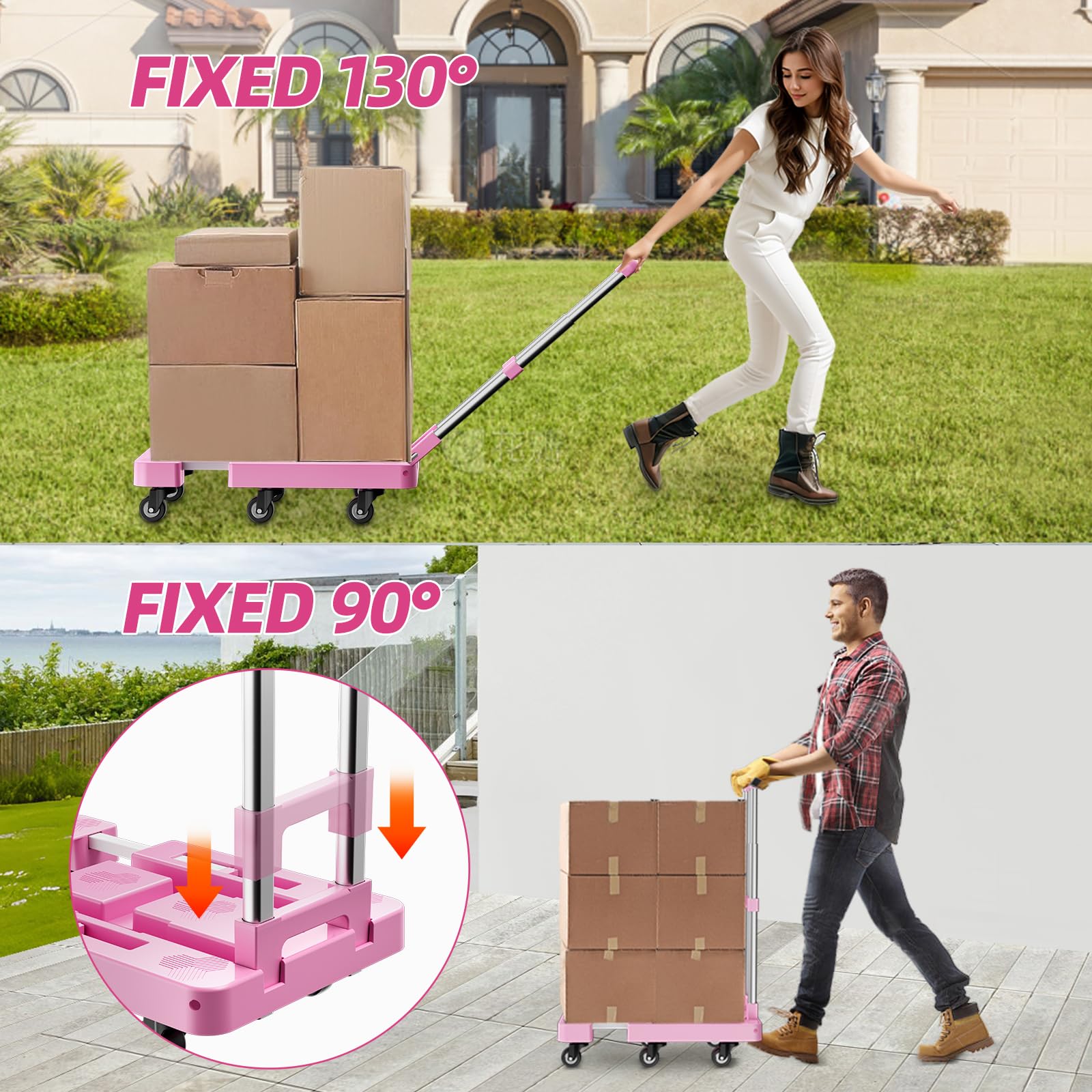 OUNAN 90° Multi-Functional Folding Hand Truck,500lbs Heavy Duty Dolly - Dolly Cart with 6 Wheels & 2 Elastic Ropes, Hand Cart with Upright Handle for Moving, Trolley, Travel, Office and Home Use(PINK)