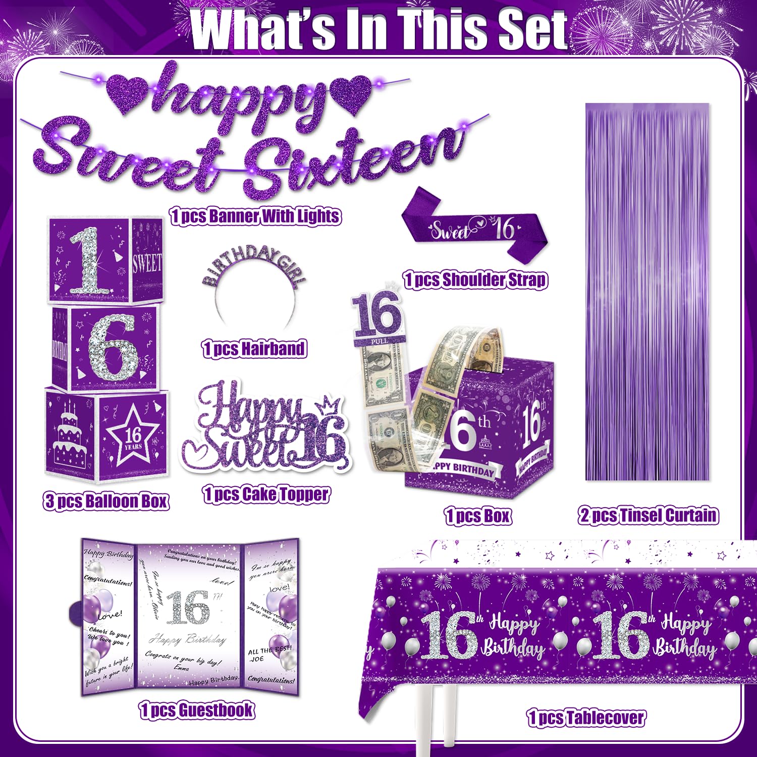 cocomigo 140pcs Sweet 16 Birthday Decorations for Girls, Purple Sweet 16 Party Decorations include Banner Light Balloons Tiara Sash Caketopper Guest Book Money Pull Box tablecloth Foil Fringe Curtain