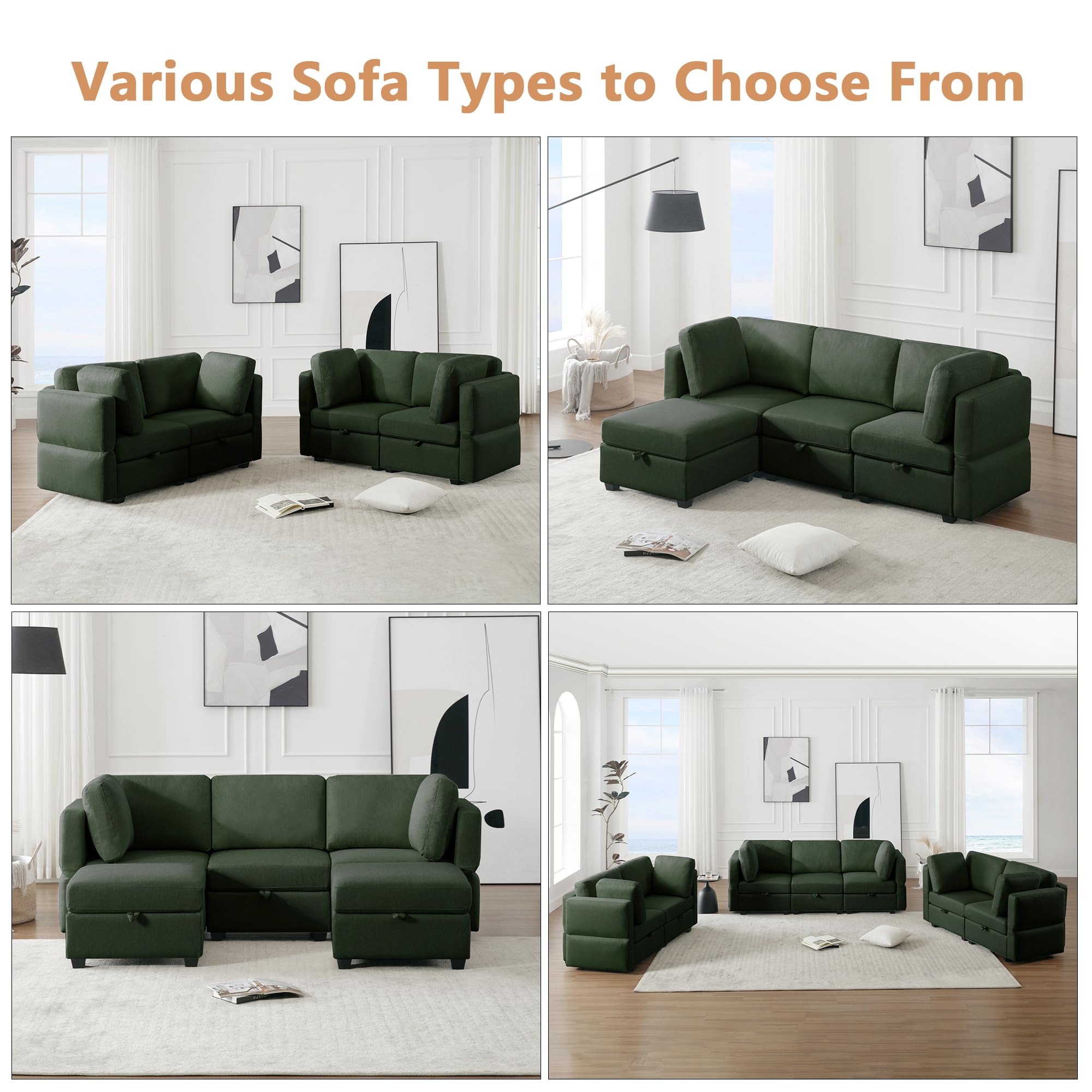 mikibama Convertible Modular Sectional Loveseat Sofa, 62" Modern Upholstered Fabric Couch with Storage Seats, Adjustable Arms and Backs, 2 Seater Sofa for Living Room Bedroom Apartment, Green