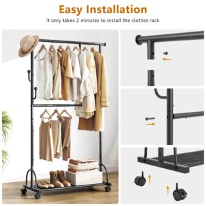 Gewudraw Double Rod Clothes Rack with Wheels Clothing Racks for Hanging Clothes, Rolling Garment Rack with Shelf Sturdy Closet Rack, Clothes Hanger Rack with hook for Pants, Dresses, Easy to Assemble