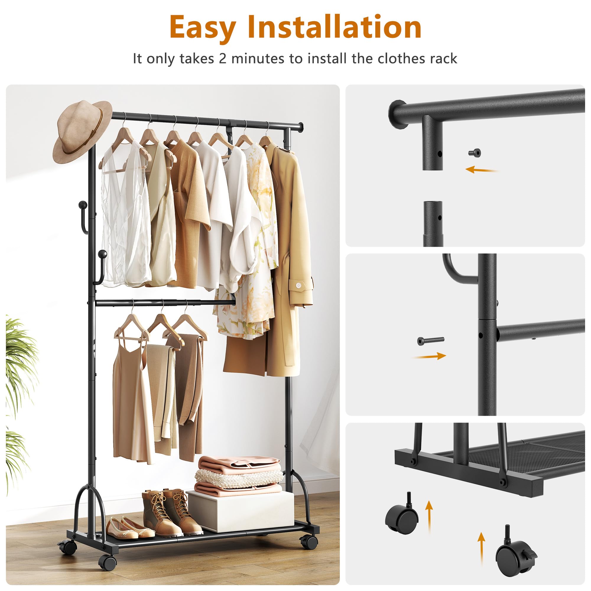 Gewudraw Double Rod Clothes Rack with Wheels Clothing Racks for Hanging Clothes, Rolling Garment Rack with Shelf Sturdy Closet Rack, Clothes Hanger Rack with hook for Pants, Dresses, Easy to Assemble