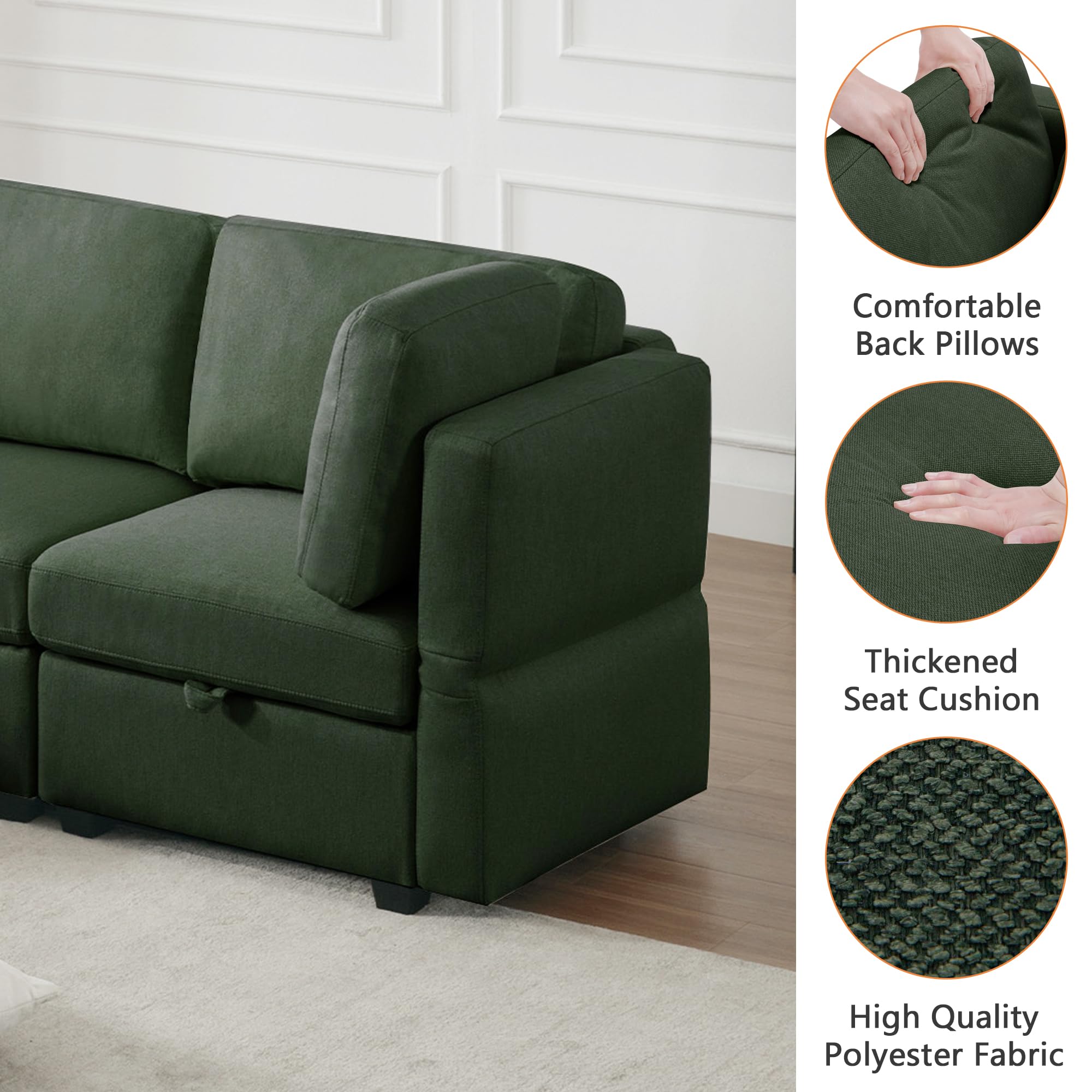 mikibama Convertible Modular Sectional Loveseat Sofa, 62" Modern Upholstered Fabric Couch with Storage Seats, Adjustable Arms and Backs, 2 Seater Sofa for Living Room Bedroom Apartment, Green