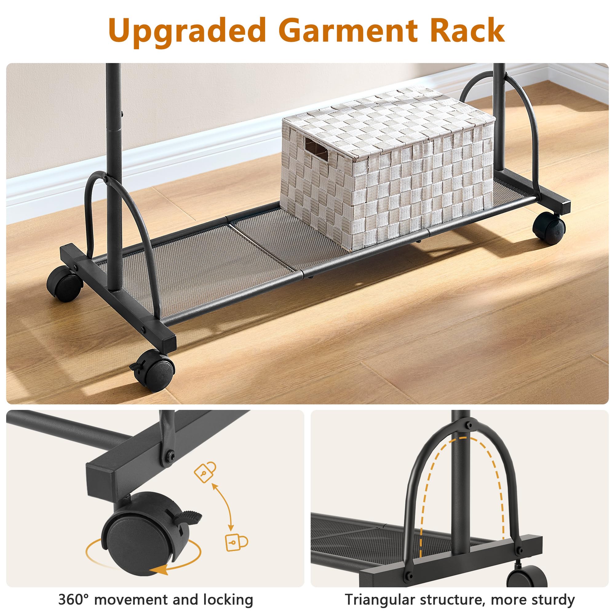 Gewudraw Double Rod Clothes Rack with Wheels Clothing Racks for Hanging Clothes, Rolling Garment Rack with Shelf Sturdy Closet Rack, Clothes Hanger Rack with hook for Pants, Dresses, Easy to Assemble