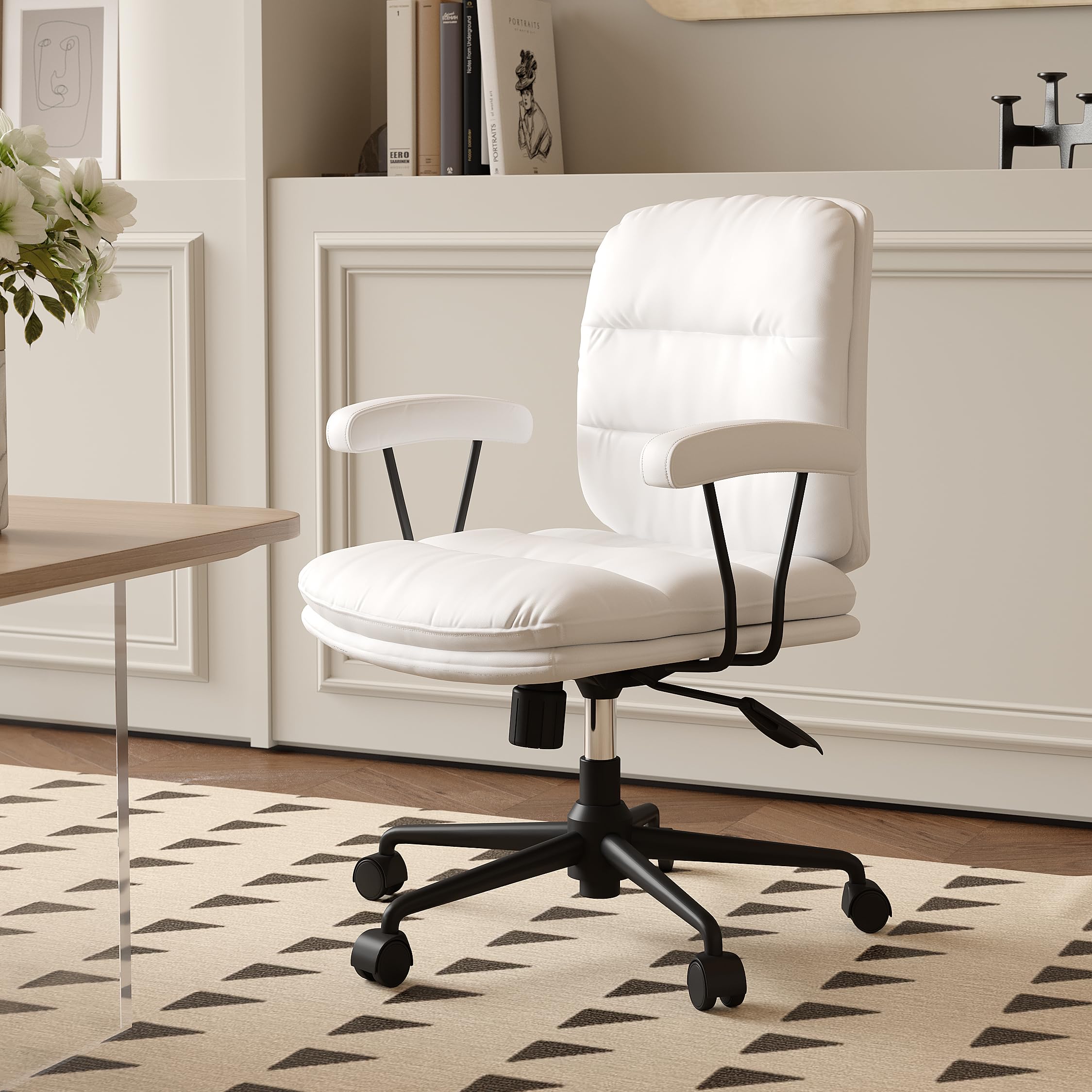 Home Office Desk Chair, Creamy White | Faux Leather | Mid Back | Removable Armrest | Padded Backrest | with Wheels | Height Adjustable