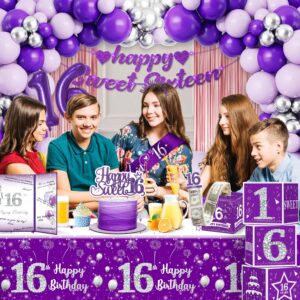 cocomigo 140pcs Sweet 16 Birthday Decorations for Girls, Purple Sweet 16 Party Decorations include Banner Light Balloons Tiara Sash Caketopper Guest Book Money Pull Box tablecloth Foil Fringe Curtain