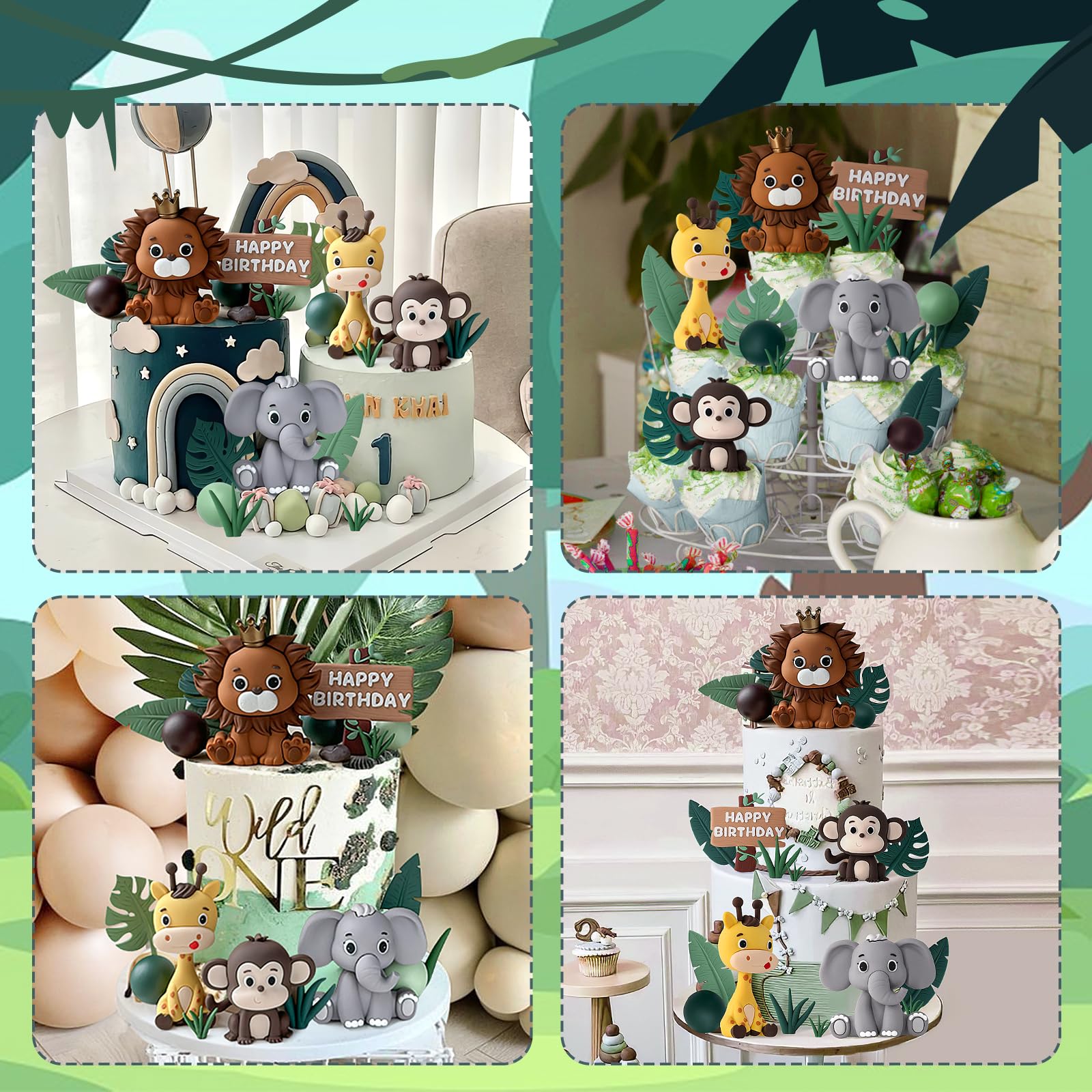 19pcs Safari Animal Cake Topper - Jungle Wild Cake Toppers with Leaves Balls Cake Decorations for Safari Animals Themed Birthday Party Decorations (Safari Animal Style)