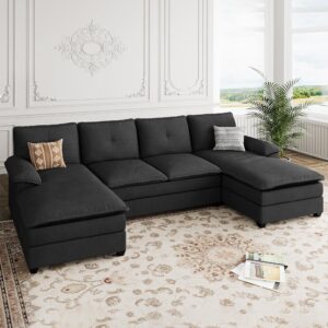 Shintenchi 110" Modular Sectional Couches for Living Room, U-Shaped Sofa Couch with Double Chaise, 4 Seat Sofa Sets with Thick Cushion & Soft Backrest, Black