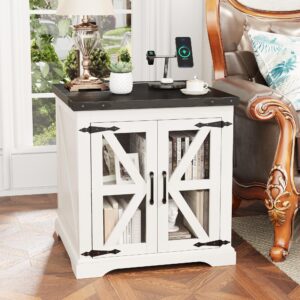 farmhouse end table with charging station, 24" large sofa side table with glass barn door, white nightstand with adjustable storage shelf, rustic wood bedside table for living room, bedroom