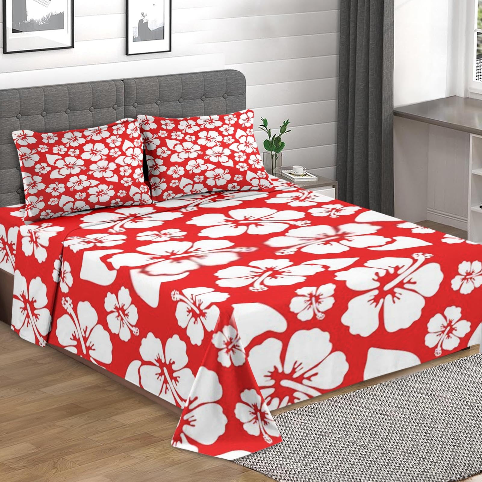 Pinbeam 4 Pcs Fitted Sheet Set Queen Size with Deep Pocket, Hibiscus Hawaiian Red Bedding Set with Pillowcase for Kids and Adults, Flower Hawaii Floral Flat Bed Sheet Set