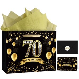 oiivpok 70th birthday gift bag, 70th birthday bag with tissue paper and greeting card for birthday party, happy 70th bithday gift bags for women men, 12.6" medium 70th gift bags (70th)