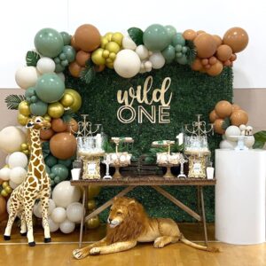 Sage Green Brown Balloon Garland Kit Woodland Balloon Arch Kit Olive Green Gold Coffee Cocoa Balloons for Wild One Birthday Jungle Safari Baby Shower Party Decorations