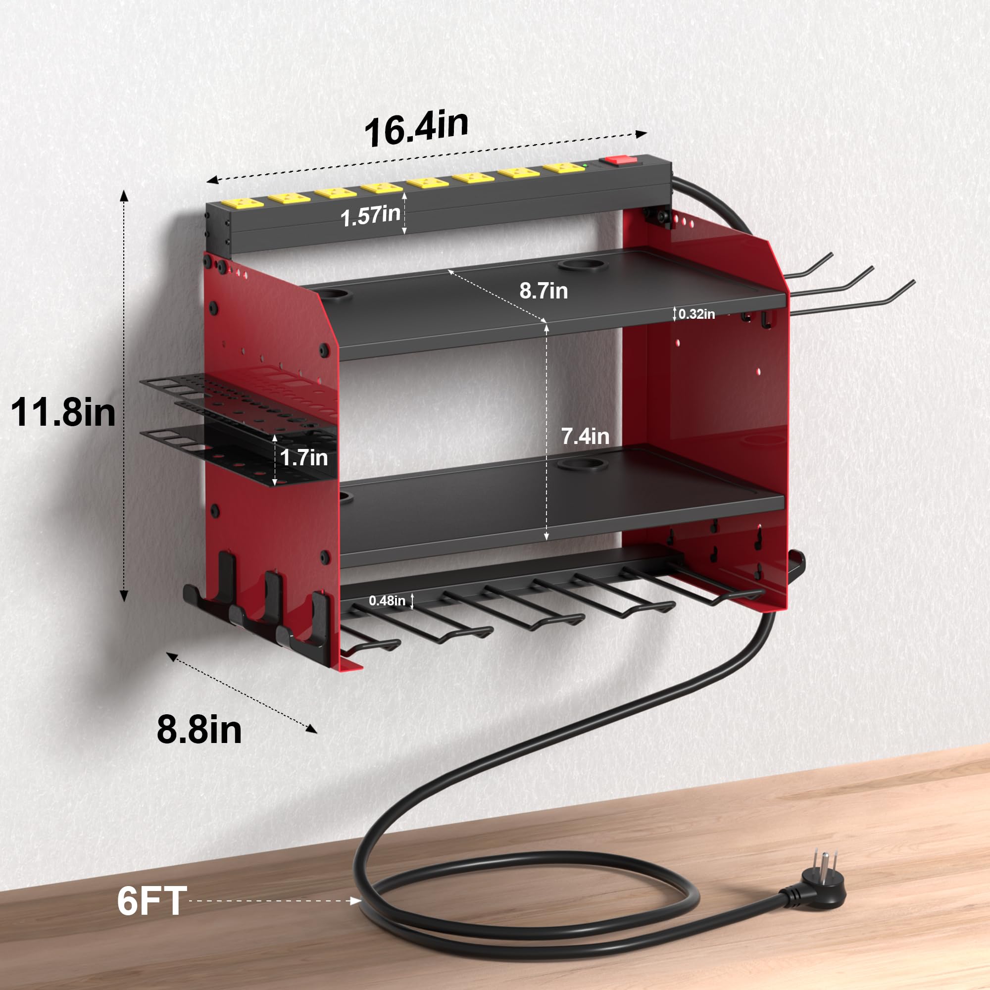 CFMASTER Power Tool Organizer Wall Mount wtih Charging Station,Garage 4 Drill Holder Wall Mount with 8 Outlet Power Strip,Heavy Duty Tool Rack with Hooks,Screwdriver Organizer in Workshop,Workbench