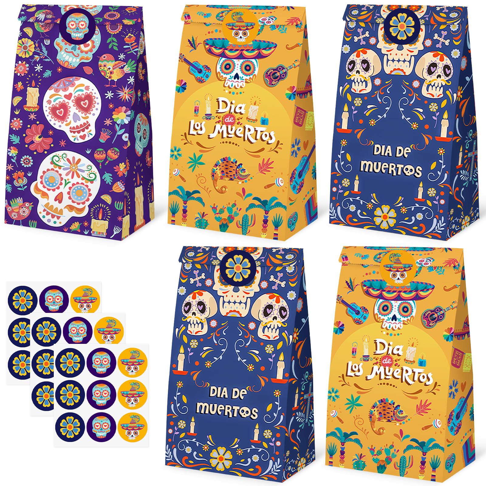 STARRKY 27PCS Halloween Party Favor Bags, Day of the Dead Treat Bags with Stickers Paper Candy Bags 3 Designs Goodie Bags for Party Supplies