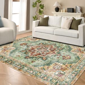 9x12 large area rugs for living room,non slip vintage boho rug,machine washable mat,low pile rug,floor carpet distressed printed area rug for bedroom dinning room office farmhouse-green&orange 9'x12'