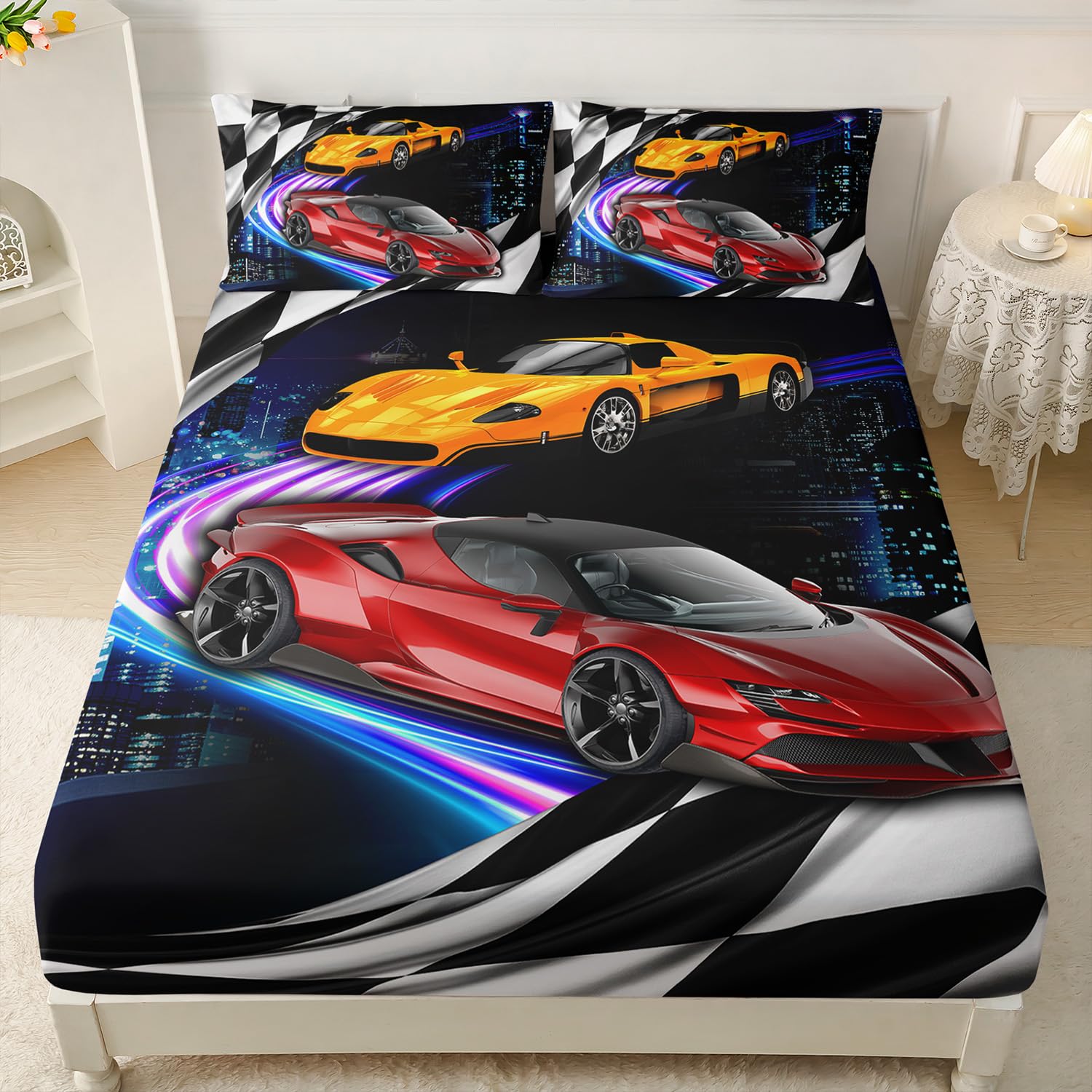 AILONEN Racing Car Fitted Sheet Set Twin XL Size,Black and White Grid Bed Sheet Set for Kids Boys Teen,3 Pieces Extreme Games Race Car Sheet Set for Room,1 Fitted Sheet with 2 Pillowcases