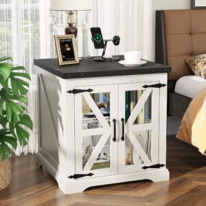 Farmhouse End Table with Charging Station, 24" Large Sofa Side Table with Glass Barn Door, White Nightstand with Adjustable Storage Shelf, Rustic Wood Bedside Table for Living Room, Bedroom