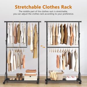 Gewudraw Double Rod Clothes Rack with Wheels Clothing Racks for Hanging Clothes, Rolling Garment Rack with Shelf Sturdy Closet Rack, Clothes Hanger Rack with hook for Pants, Dresses, Easy to Assemble