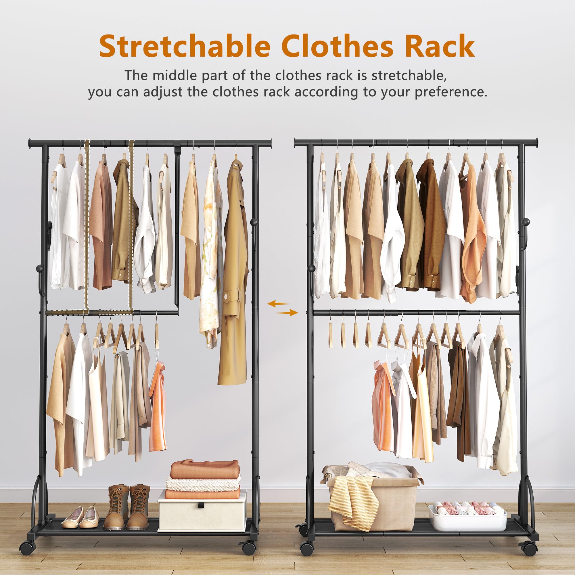 Gewudraw Double Rod Clothes Rack with Wheels Clothing Racks for Hanging Clothes, Rolling Garment Rack with Shelf Sturdy Closet Rack, Clothes Hanger Rack with hook for Pants, Dresses, Easy to Assemble