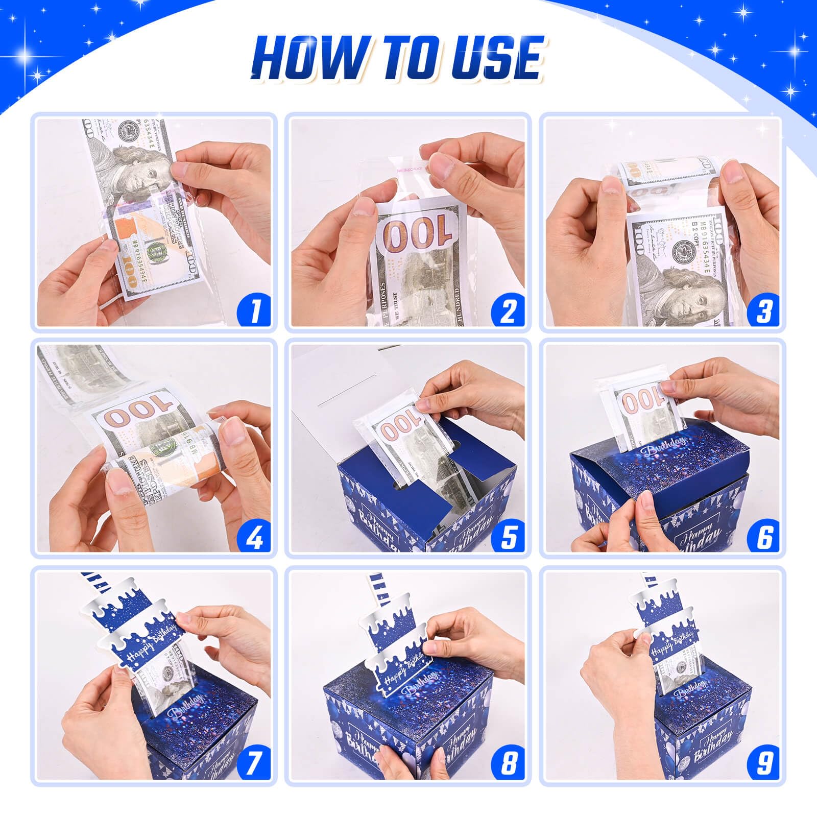 TOYEISHI Birthday Money Pull Box for Cash Gift with DIY Self-Adhesive Stickers for Any Age, Happy Birthday Money Box for Cash Gift Pull Out Cake Card and 100Pcs Bags, Birthday Party Decor Ideas-Blue