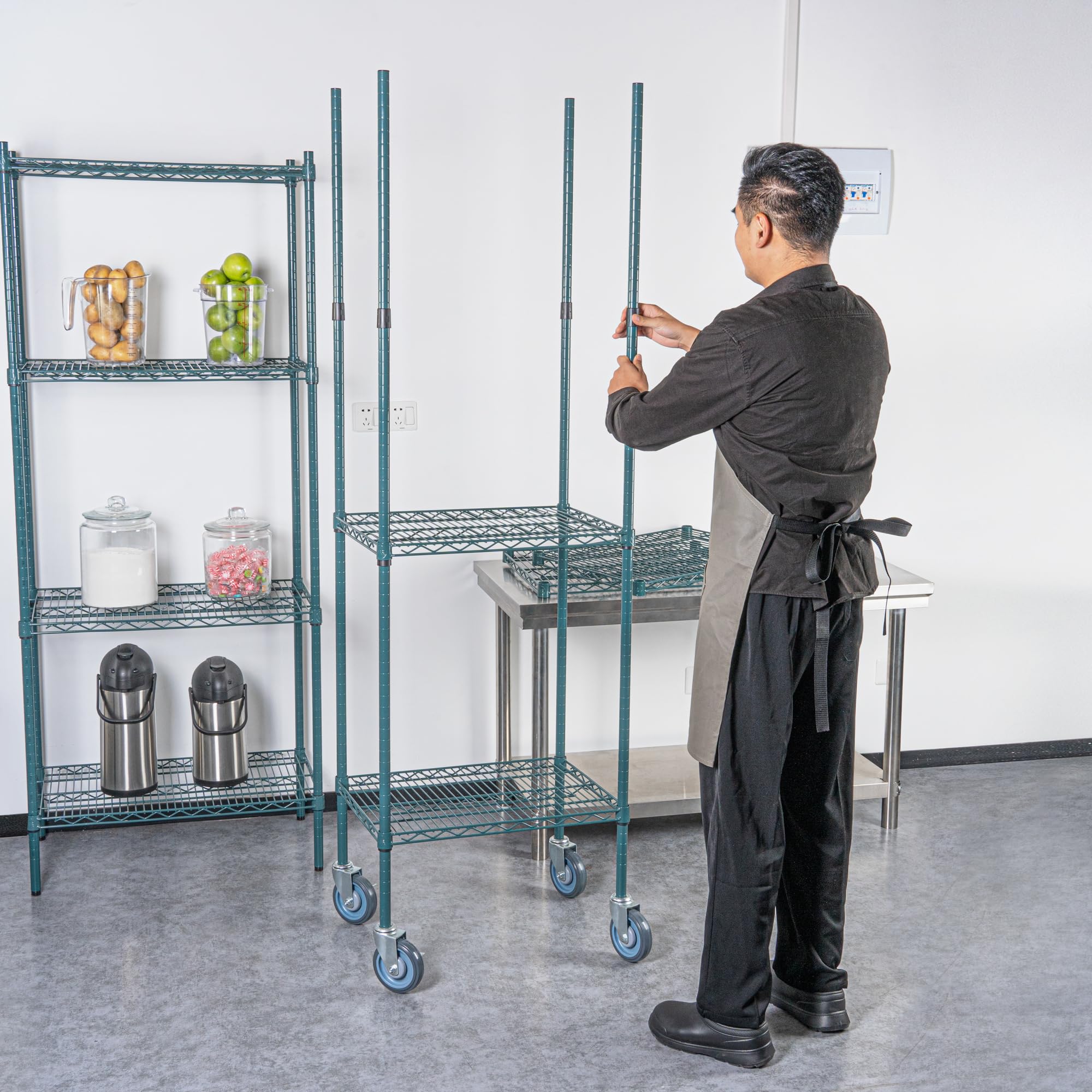 Restaurantware - SHELVING POSTS ONLY: RW Base 74 Inch Mobile Shelving Posts, 4 NSF Certified Epoxy Shelving Poles - Shelves And Casters Sold Separately, No Corrosion, Green Steel Wire Shelving Poles