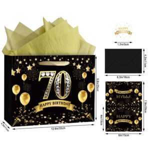 OIIVPOK 70th Birthday Gift Bag, 70th Birthday Bag with Tissue Paper and Greeting Card for Birthday Party, Happy 70th Bithday Gift Bags for Women Men, 12.6" Medium 70th Gift Bags (70th)