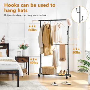 Gewudraw Double Rod Clothes Rack with Wheels Clothing Racks for Hanging Clothes, Rolling Garment Rack with Shelf Sturdy Closet Rack, Clothes Hanger Rack with hook for Pants, Dresses, Easy to Assemble