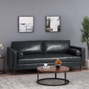 Merax Upholstered PU Sofa, Classic 3 Seater Leather Couch with Wooden Legs for Living Room Bedroom Officee, Black