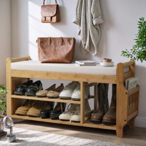 yeshomy 2 tier shoe rack bench with hidden drawer and side holder, bamboo storage organizer for entryway hallway living room, nature