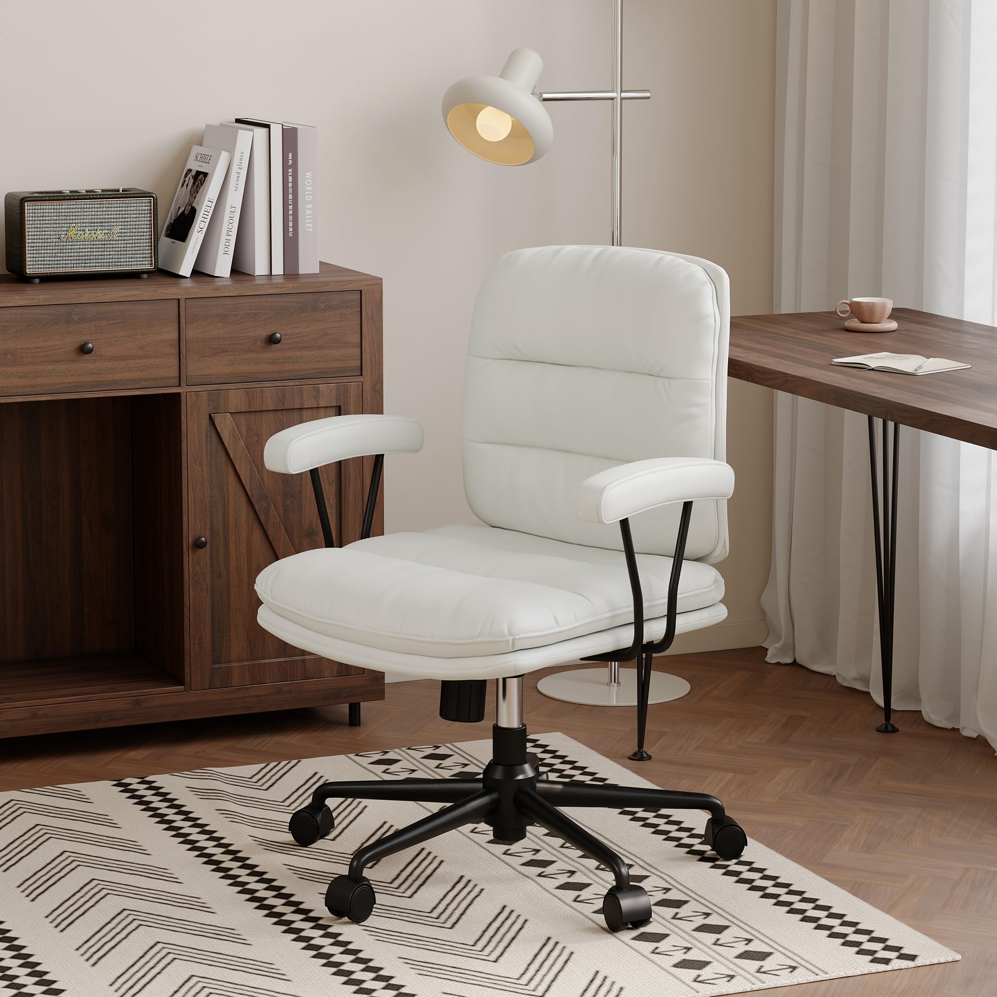 Home Office Desk Chair, Creamy White | Faux Leather | Mid Back | Removable Armrest | Padded Backrest | with Wheels | Height Adjustable