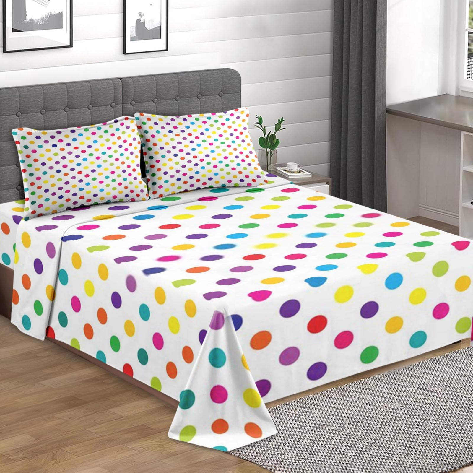 Pinbeam 3 Pcs Fitted Sheet Set Twin Size with Deep Pocket, Polka Dot Kids Bedding Set with Pillowcase for Kids and Adults, Inspired Candy Fun Flat Bed Sheet Set